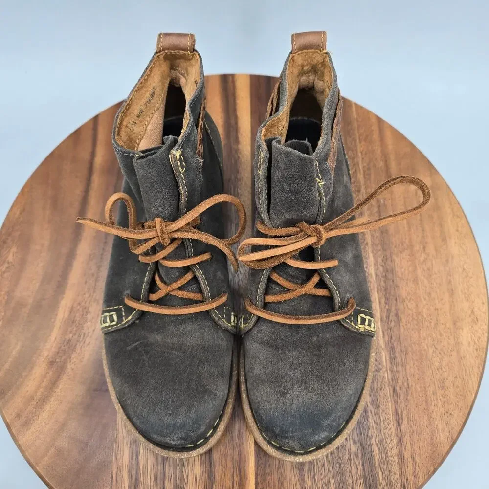 Born Temple Boots Womens 7M Gray Brown Suede Leather Braid Lace Up Ankle Booties